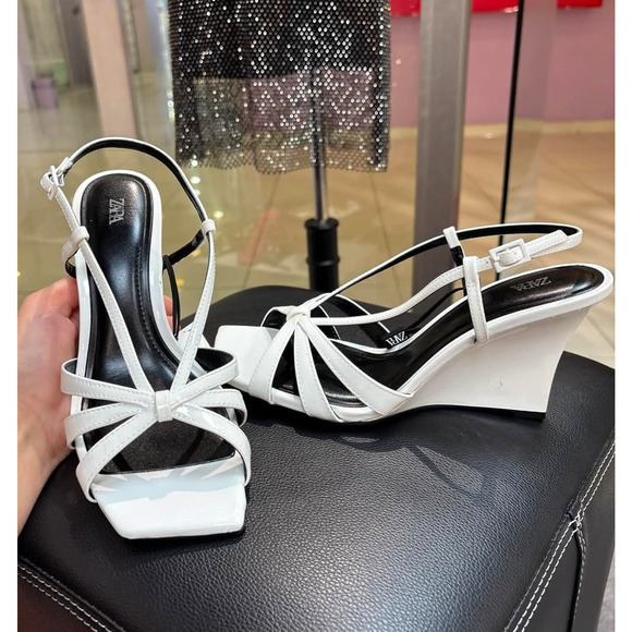 ZARA White Strappy Patent Wedge Heels NWT | Square Toe Sandals - Picture 10 of 16